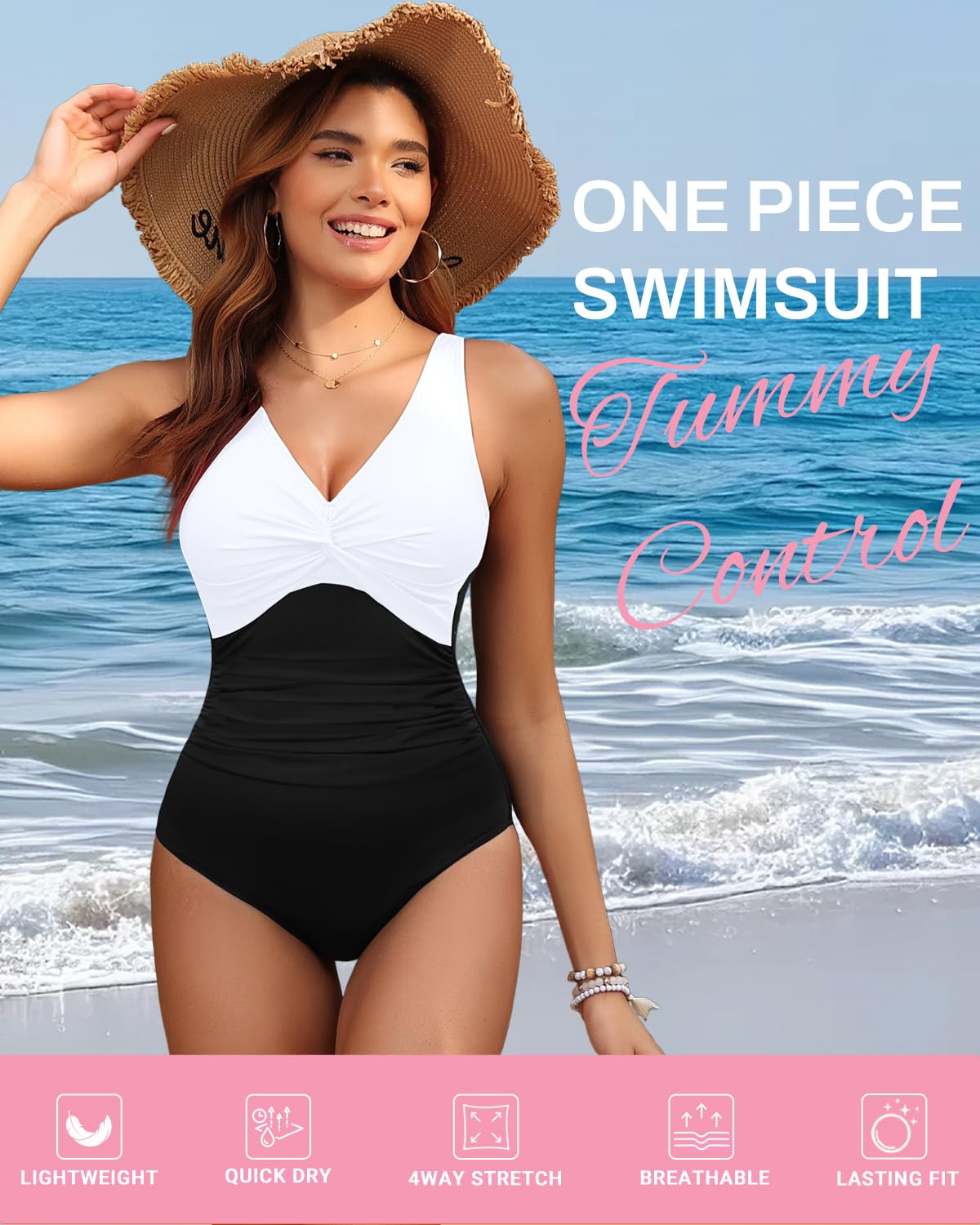Holipick Black and White Women Tummy Control One Piece Swimsuit - Push Up Bathing Suit Full Coverage Slimming Swimwear S