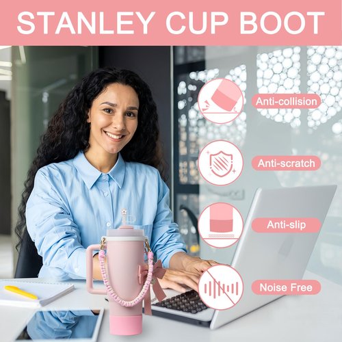 BELSITA Stanley Cup Accessories Set - Bow Pearl Chain Braided Handle Strap, Silicone Boot, Charms for 30/40oz Tumbler (Pink), Standard