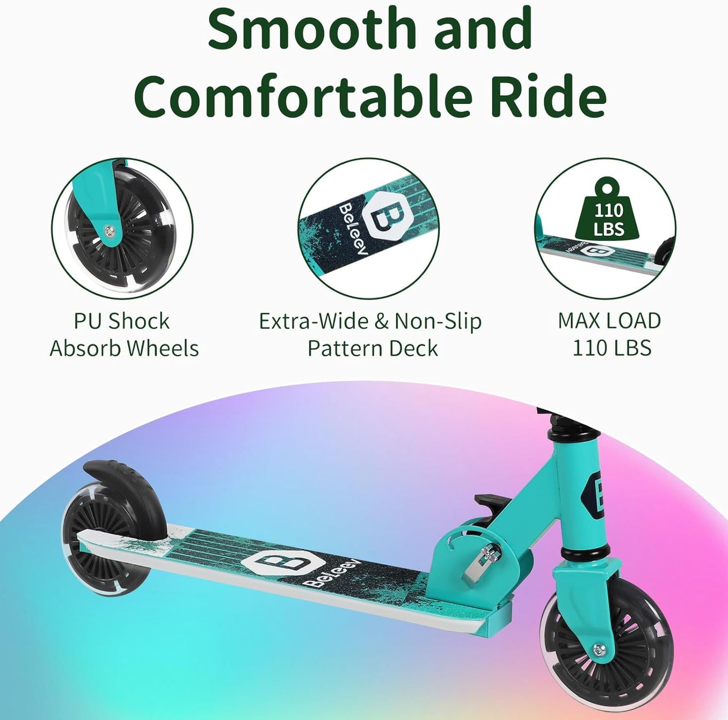 BELEEV V2 Kids Scooter - Light-Up Wheels & Adjustable Height, Foldable Design for Ages 3-12