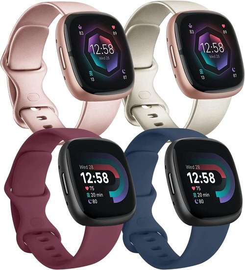 4 Pack Silicone Bands for Fitbit Sense 2/Sense/Versa 3/Versa 4 Bands Women Men, Soft Sport Bands Replacement Wristbands for Fitbit Sense & Sense 2/Versa 3 & 4 (Small, Black/Gray/White/Wine Red/Navy Blue)