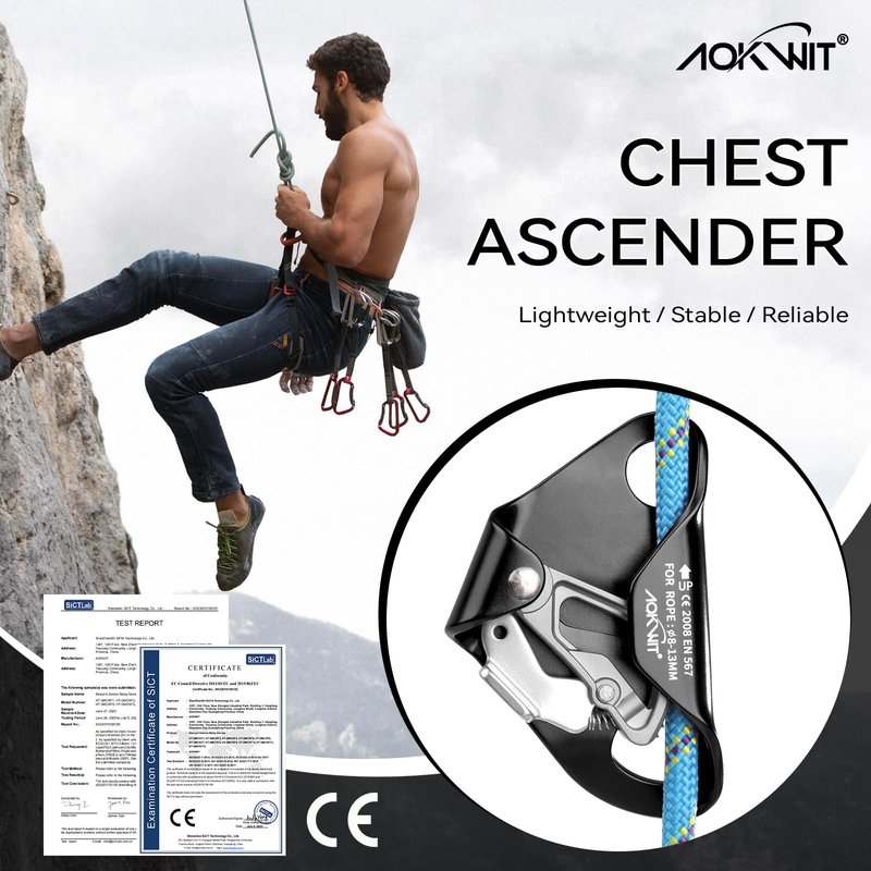 Chest Ascender Tree Climbing Gear Rope Grab High Strength Aluminum Alloy Rappelling Equipment CE Certified for Rock Climbing Rescue Aerial Work Mountaineering Caving Arborist Work 8-13mm Ropes (Black)