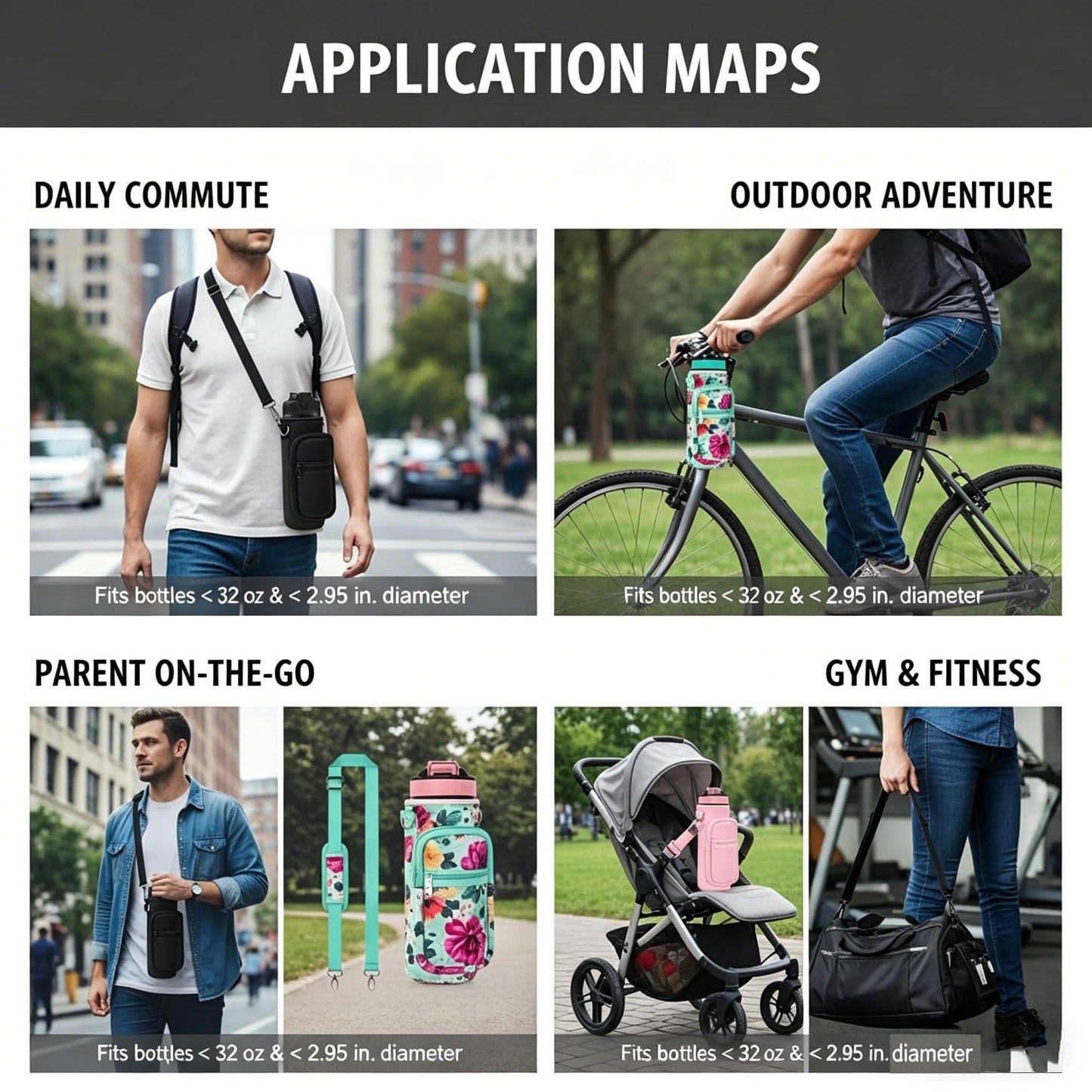 32 oz Water Bottle Carrier Bag, 32/40 oz Crossbody Water Bottle Holder with Strap, Sling Bag Sleeve Pouch Holder with Phone Pocket and Small Pocket for Walking Hiking Camping Gym (2.95"W * 9.05"H)