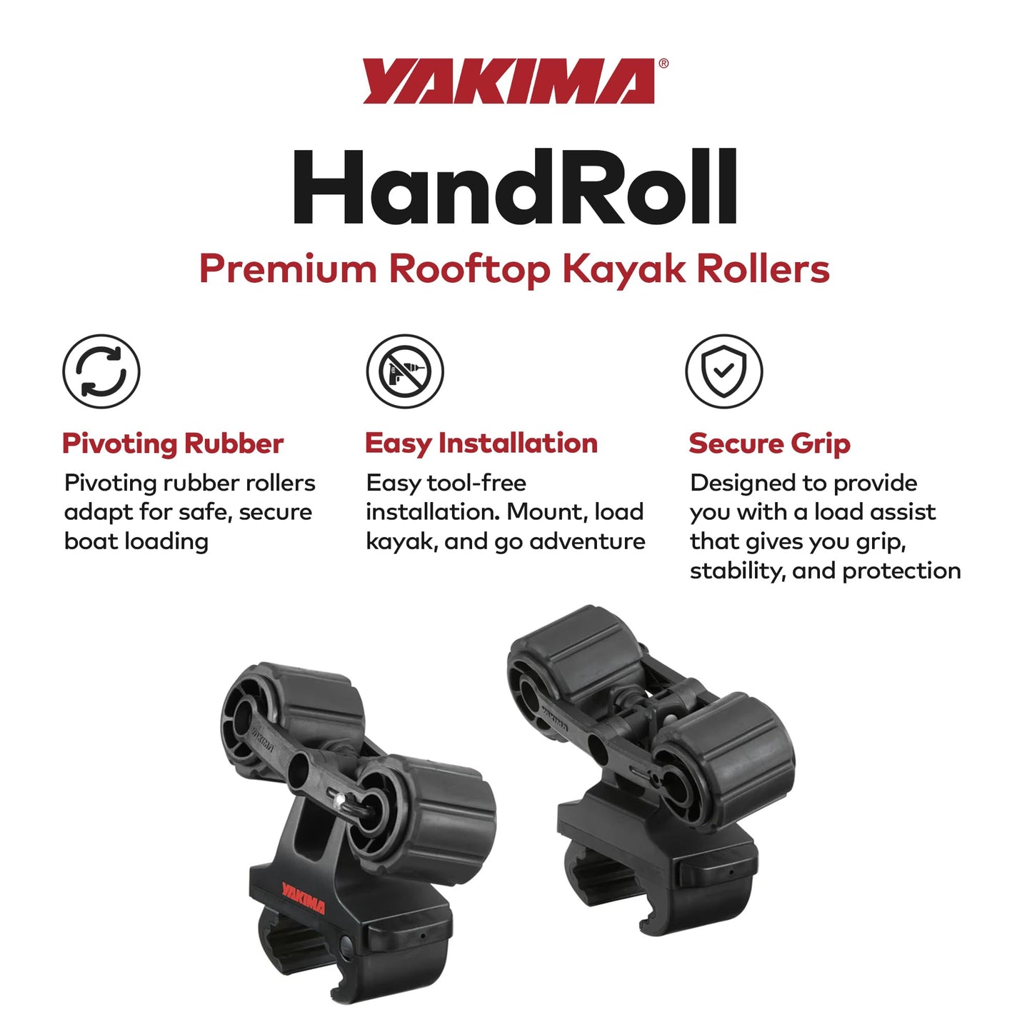 YAKIMA HandRoll Rooftop Mounted Kayak Rack for Vehicles with Heavy Duty Strap, Bow, and Stern Tie Down, Tool Free Installation, Set of 2 Kayak Rollers