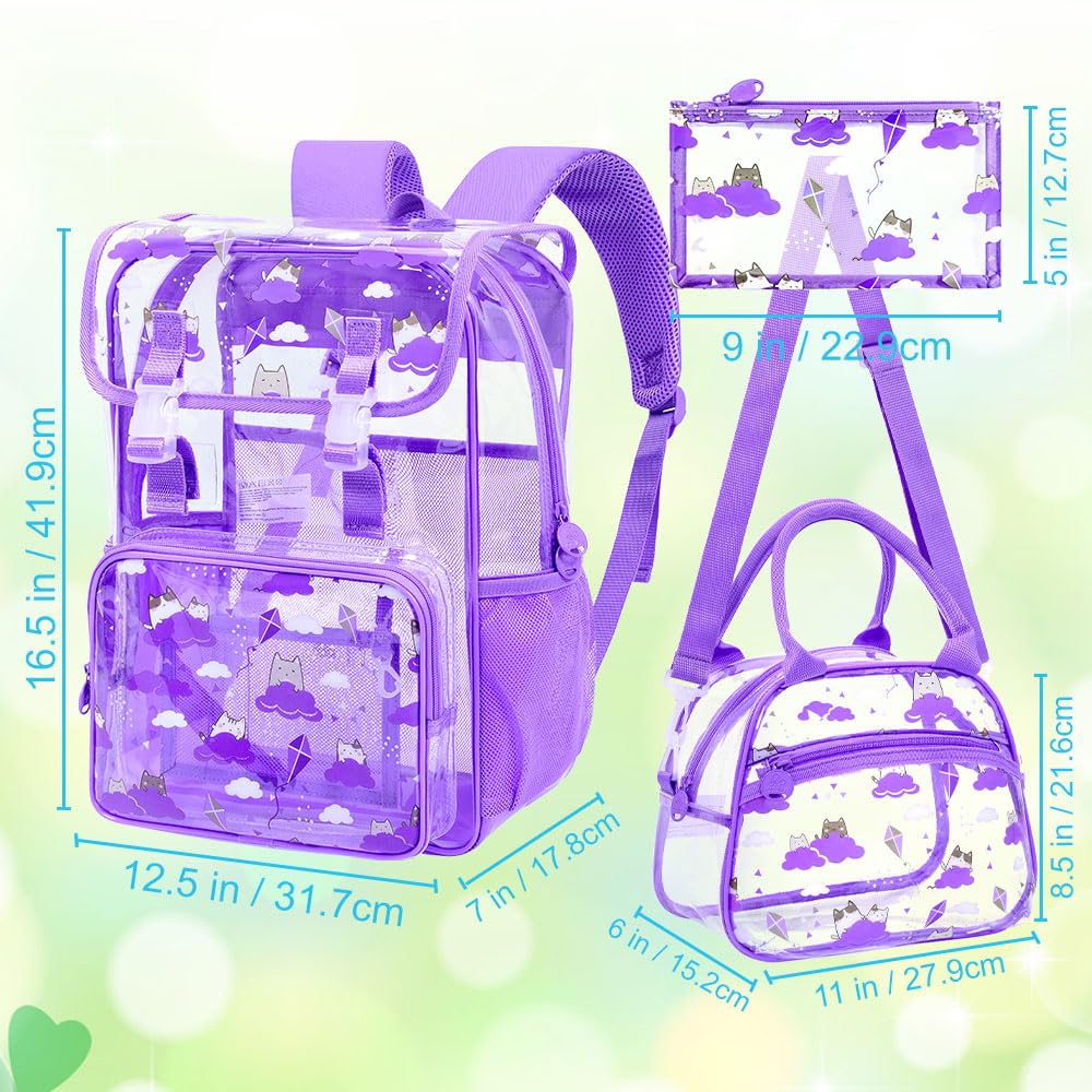 ZLYERT 17" Cat Clear Backpack for Girls - 3Pcs Flip Design Stadium Approved Set, Campus/School Transparent Bookbag (Purple)