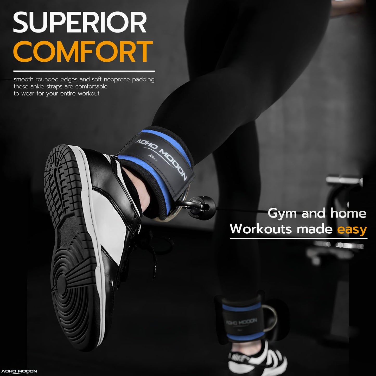 AOHO MOOON Ankle Strap (2 Pieces) for Cable Machine Women - Gym Workout Leg Strap, Premium Padding Ankle Cuffs, Glute Kickback Exercises Equipment, Pulley Attachment, One Size Fit All(Pair, Blue)