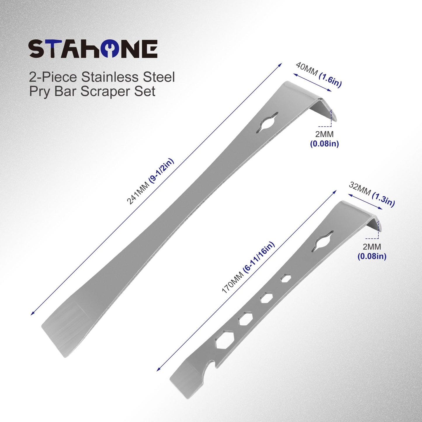 STAHONE 2-Piece Stainless Steel Pry Bar Scraper Set - 9-1/2" Flat Pry Bar and 6-11/16" Mini Crowbar with Socket Wrench, Bottle Opener, Molding, Nail Puller, Scraper and Baseboard Removal Tool