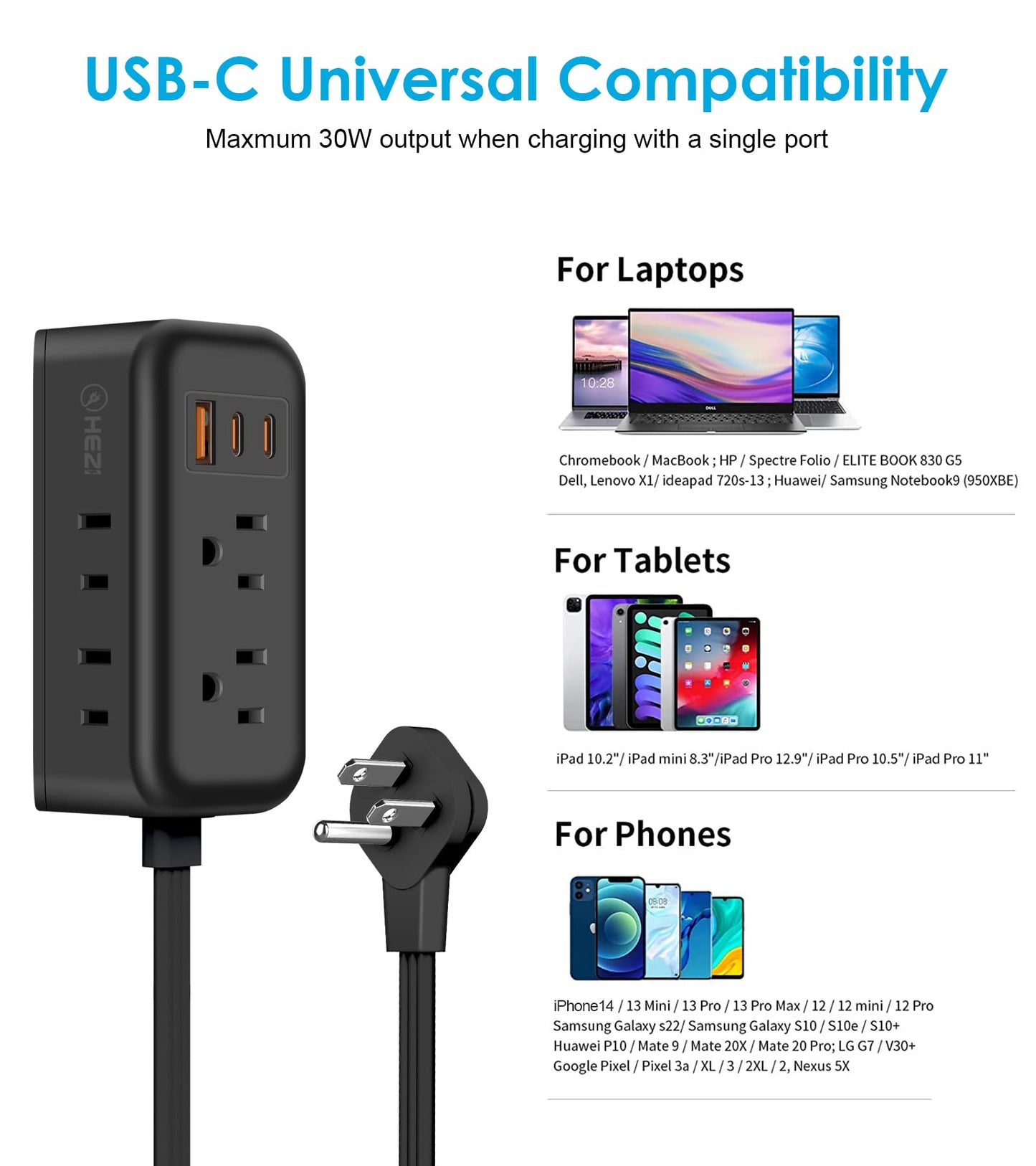 Cruise Ship Essentials - 30W USB CTravel Power Strip Flat Plug, 3 Ft Flat Extension Cord with 4 Outlets 3 USB Ports(2 USB C), Small Power Strip No Surge Protection for Cruise Travel Home Office