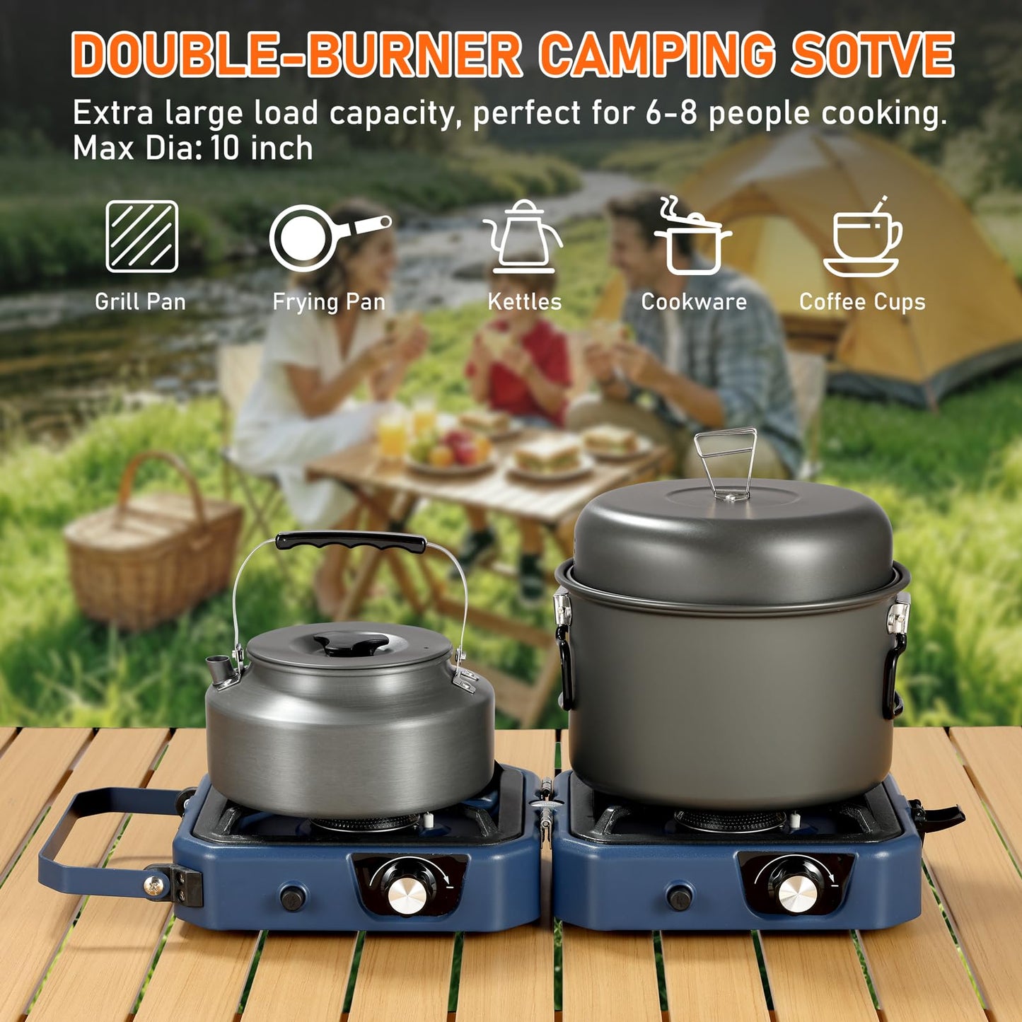 304 Stainless 2 Burner Propane Camping Stove with Griddle,Portable Floding Propane Camp Stoves with 24000BTU,Compatible with Grill Pan,Kettles & Cookware