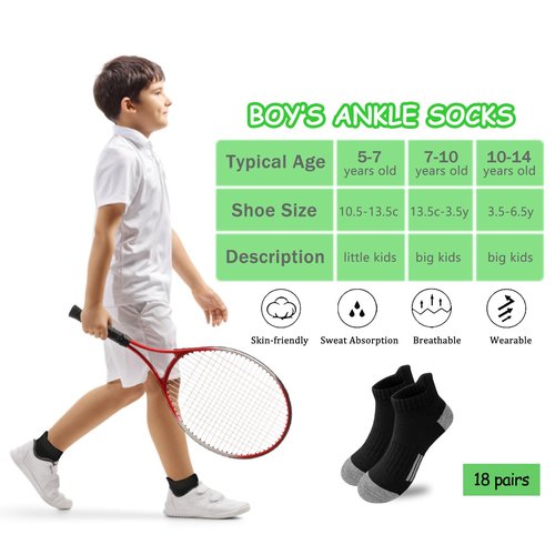 Bemeol Boys Socks 18 Pairs Ankle Socks Boy Sport Running Athletic Low Cut Ankle Sock for Little Big Kids(10-14 Years)