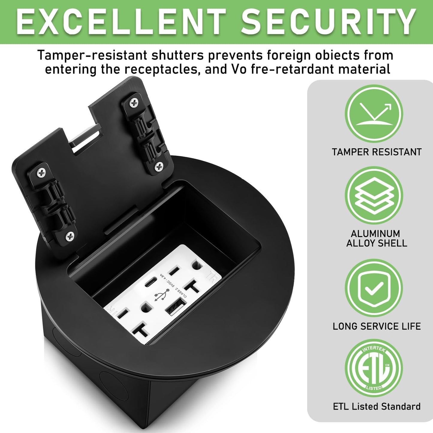 Kanayu 2 Pcs Recessed Floor Outlet with Quick Charge 4.8A USB A+C, 20A Duplex TR Receptacle, Adjustable Waterproof Steel Box, 3.2"x4" 1-Gang, Electrical Outlet Kit for Home Renovation, ETL Listed