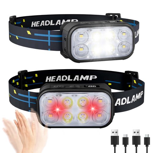 Eirnvop Headlamp Rechargeable 2 Pack, Super Bright LED Head Lamp, 1500 Lumen, 12 Modes, Motion Sensor, Waterproof Head Lights for Forehead for Camping, Running, Fishing, Climbing