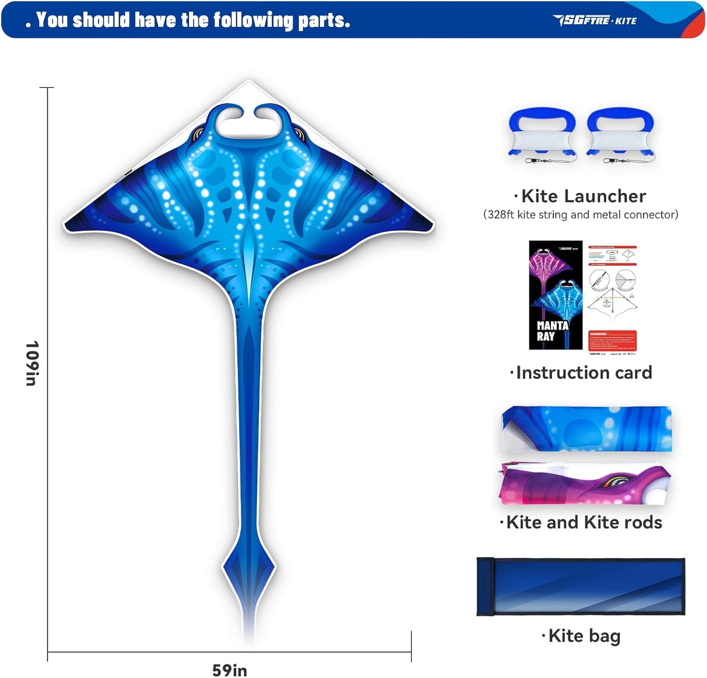 SGftre Butterfly Delta Octopus Kites - Easy to Fly 3-Piece Set for Kids & Adults | Manta Ray Colors (Blue, Pink)