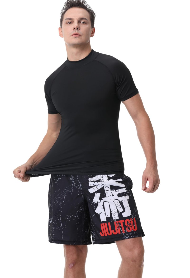 Red Plume Mens Compression Mock Turtleneck Short Sleeve Shirt High Neck Athletic Tops Football Run Pullover Sports Undershirt Black
