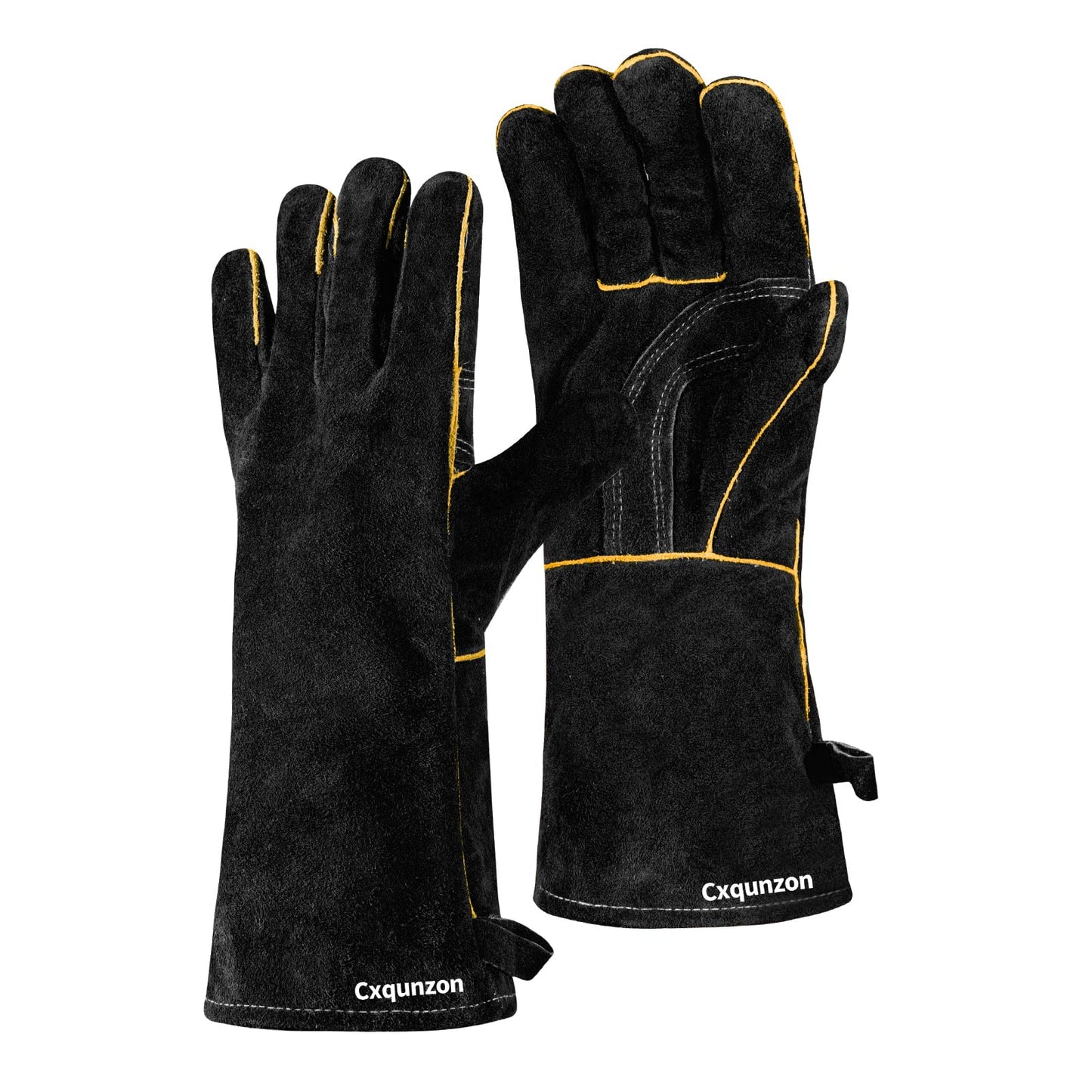 Cxqunzon Leather Welding Gloves - Thick Premium Cow Split Leather, Heat & Fire Resistant, Soft Cotton Lined Interior for TIG/MIG Welding, Grilling, BBQ & Fireplace (Black)