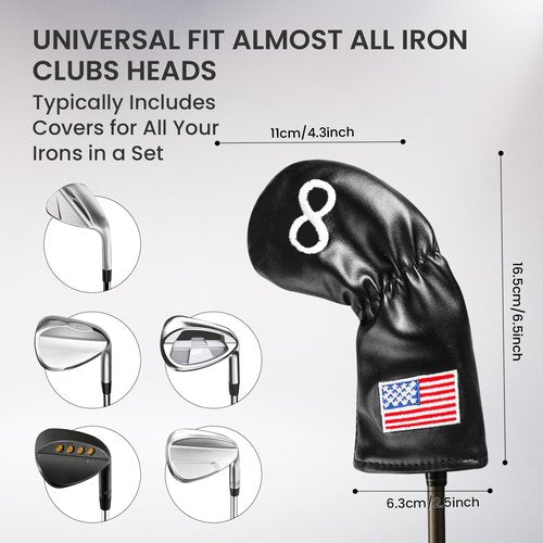Golf Iron Covers Set US Flag Leather for Irons Value 11 Pack, Long Neck Protector Number Headcover, Universal Head Cover Fit Main Iron Clubs for Men Women Golfer (Black-USA Flag)