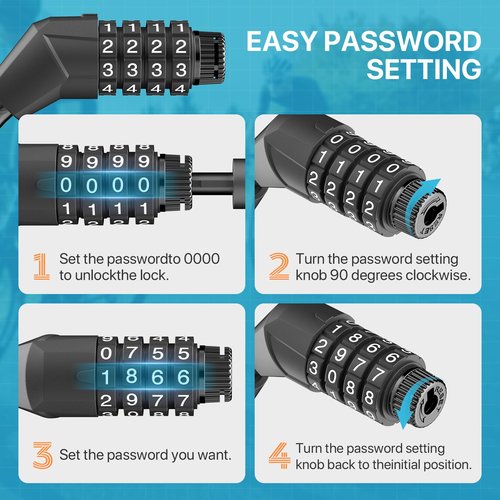 Bike Lock Cable with Combination, Coiled Secure 4-Digit Resettable Combination Bicycle Lock Anti-Theft, with Mounting Bracket for Bikes and Scooters