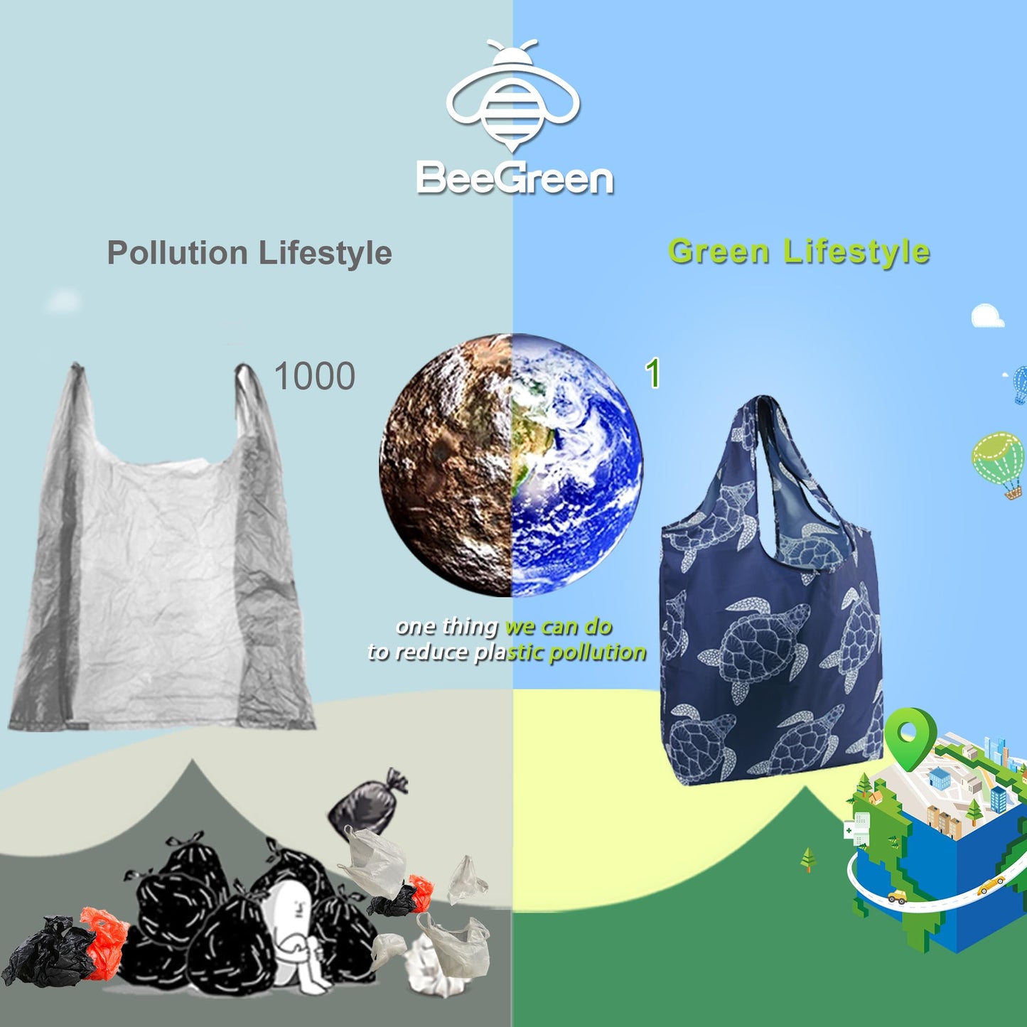 BeeGreen Black Ultimate Reusable Grocery Shopping Bag - Large Capacity Tote Bag - Compact Portable Machine Washable