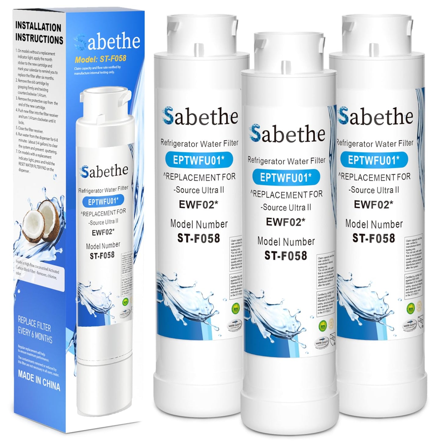 Sabethe Water Filter Replacement for EPTWFU01, Pure Source Ultra II, FGSS2635TD0, FPBC2277RF0, EWF02, white (3 Count Pack Of)