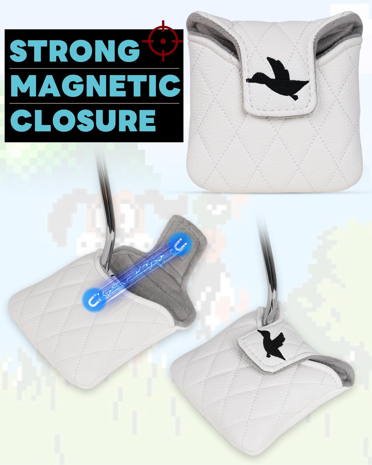 Big Teeth Golf Putter Cover Mallet Golden Retriever, Heel Shaft Golf Square Mallet Putter Cover Headcover Magnetic Birdie Hunting Embroidered Headcover White
