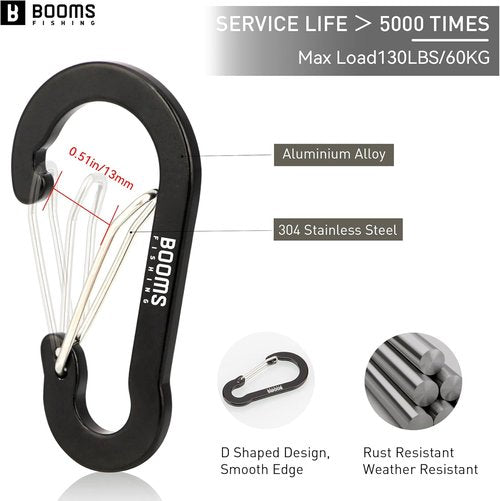Booms Fishing Carabiner Clips - Multi-Use Aluminum D-Ring, 10 Pack, 2.3"/3.1" Size