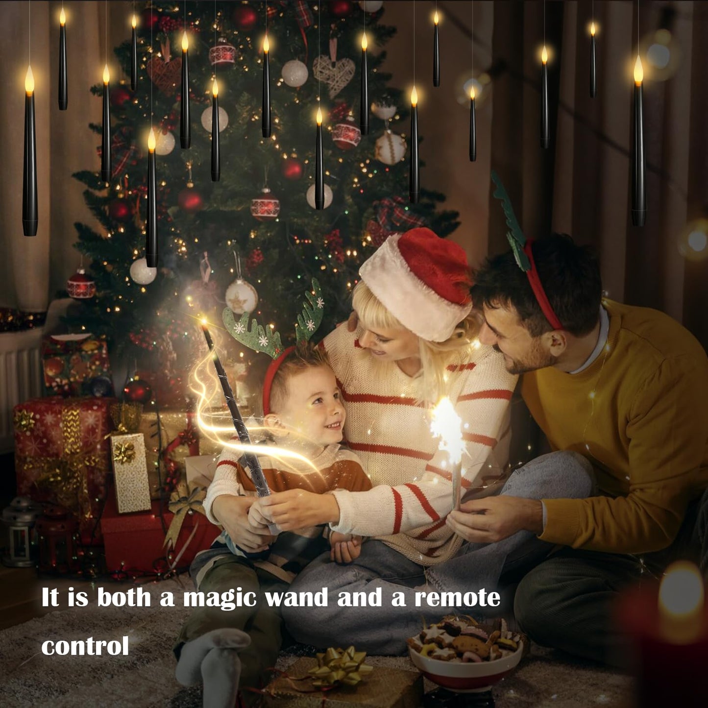 kakoya Flameless Floating Candles with Wand，12 Pcs Magic LED Hanging Taper Candles，Flickering Battery Operated Taper Candle with Wand Remote for Halloween Decorations Best Gift（Black）