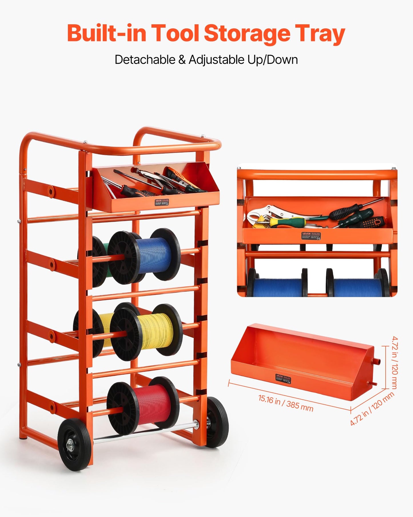 VEVOR Wire Spool Rack, 11 Rods, Multi-Spool Wire Rack Dispenser, Cable Caddy with Wheels, Cable Holder with Storage Tray for Wiring Storage, for Electrical, Industrial & Retail Use, Working Efficiency