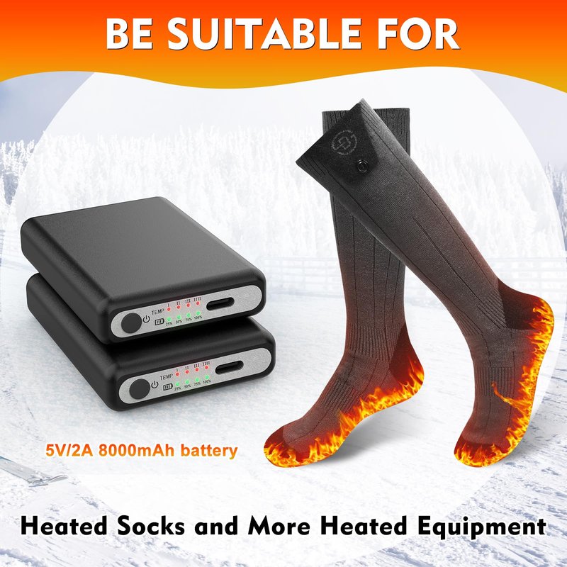Netraty 2Pack 5V2A 8000mAh Rechargeable Batteries for Heated Socks Spare Battery,4 Heating Settings Replacement Large Capacity Battery