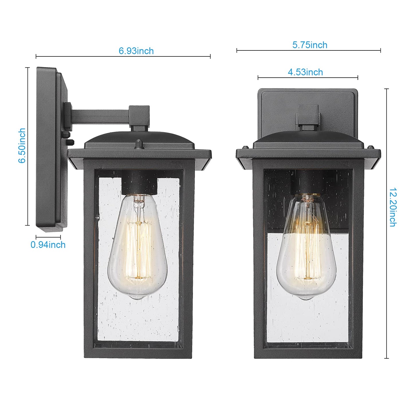 Diyel Outdoor Wall Sconces 2 Pack, Exterior Light Lantern Fixtures, Porch Light Lamps Outdoor Wall Mounted in Black Finish with Seeded Glass for House, Garage, Patio, Yard, Garden