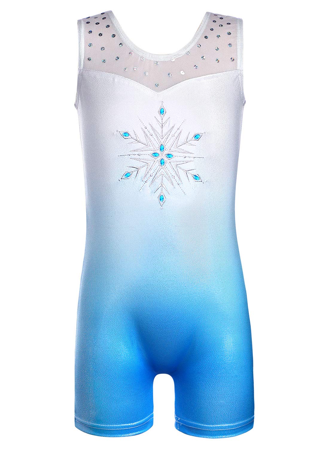 HOZIY Gymnastics Leotards With Shorts for Girls 7-8 7/8 Ombre White Blue Embroidery Snowflakes Diamond Rhinestone Biketard