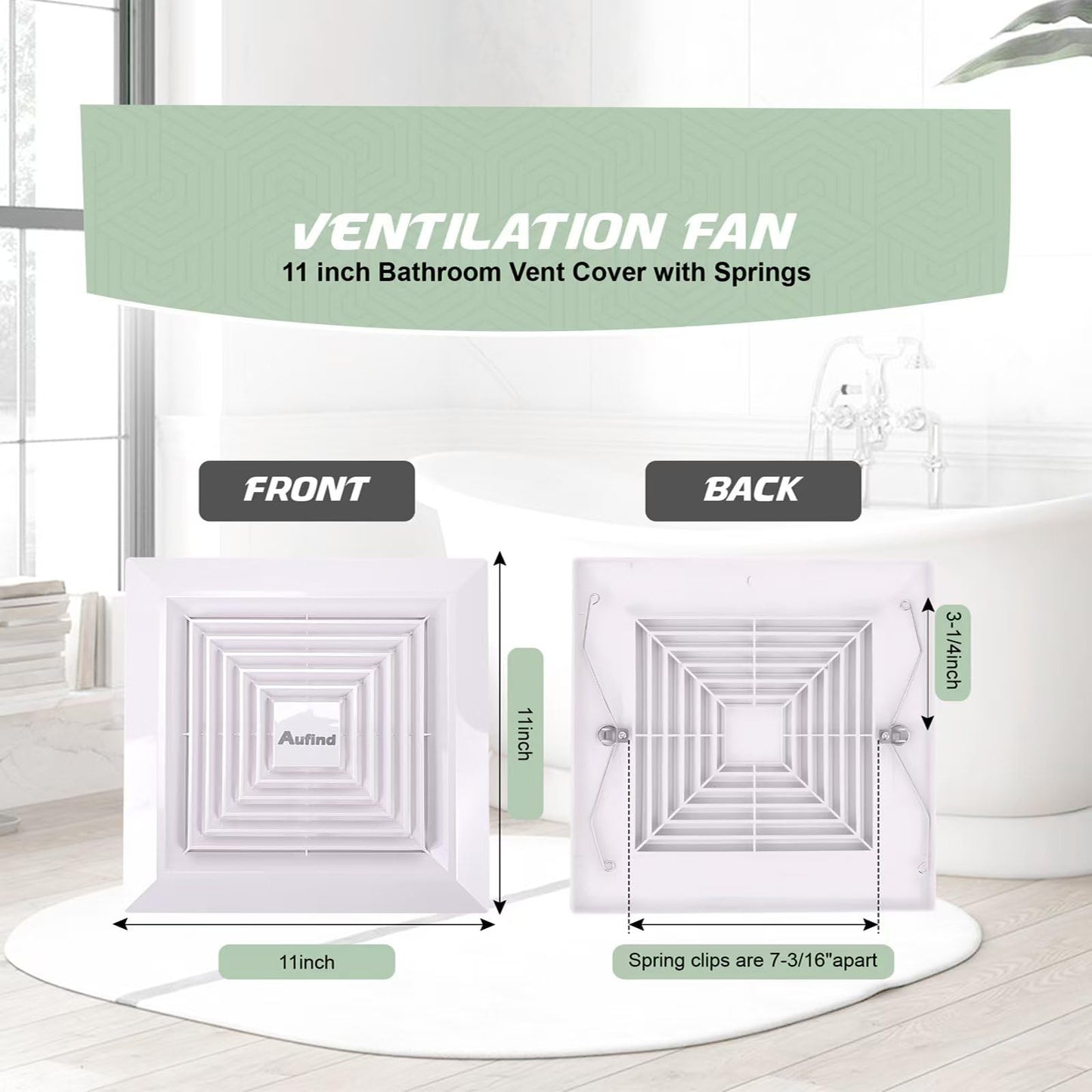 Aufind 11"x11" Bathroom Exhaust Fan Cover with Spring - Heavy Duty Plastic Ventilation Grille, Easy Install Spring-Loaded Design for Ceiling or Wall Mounted Fans
