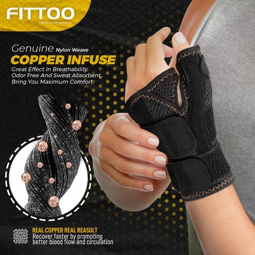 FITTOO Copper Infused Thumb & Wrist Brace for Men and Women - Comfortable CMC Thumb Brace Spica Splint for Pain Relief, Tendonitis, Right & Left Hand - Universal Size