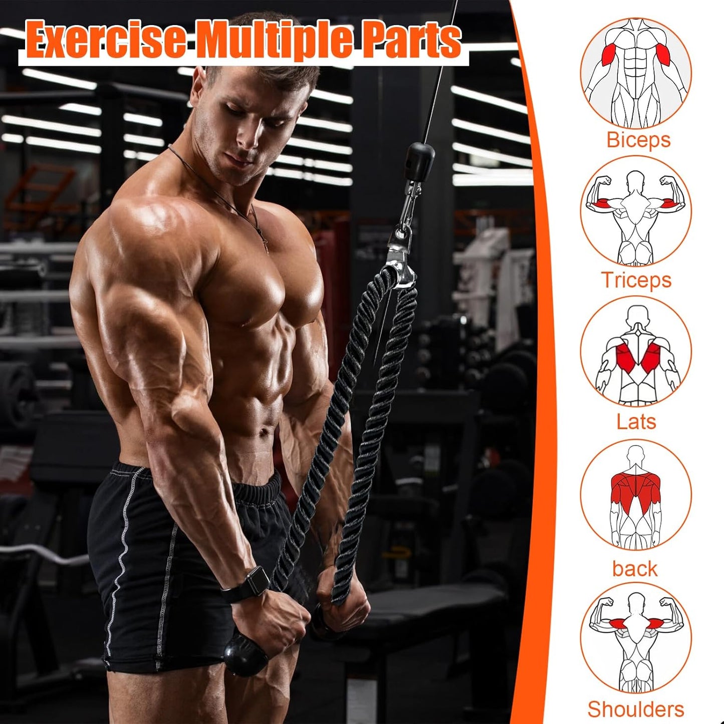 Skiennix Tricep Pull Down Rope - 55 Inch Exercise Cable with Latch for Gym Workouts