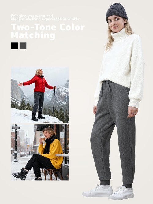 2 Pack Fleece Lined Sweatpants Women, Sherpa Lined Joggers Women Pants with Pockets Winter Warm Athletic Sweatpants Set A L Black, Dark Gray