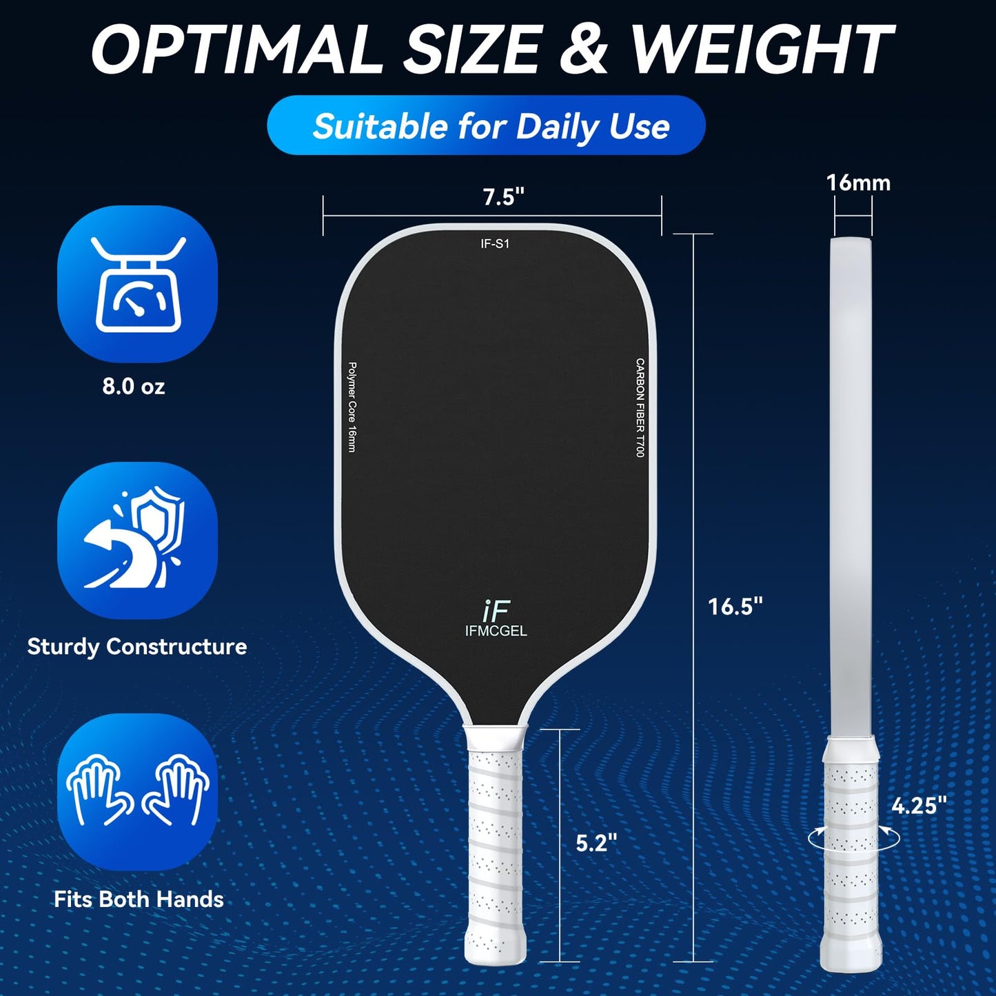 T700 Carbon Fiber Pickleball Paddle w/Carbon Abrasion Surface & 16mm Honeycomb Core for Ultimate Spin, Power & Control, Ideal for Men, Women, Novice, Intermediate & All Levels (A: White)