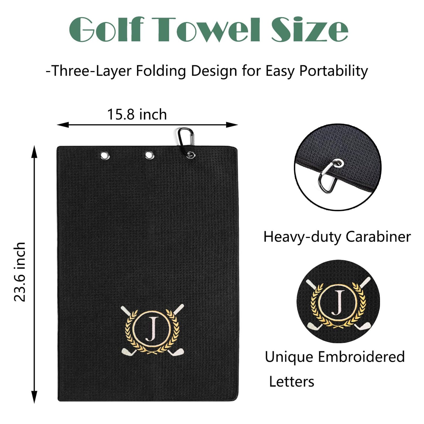 YLXLLSM Personalized Golf Towels for Golf Bags for Men, Funny Custom Letter J Embroidered Golf Towel with Clip Club Brush Groove Cleaner, Monogrammed Golf Towel Accessories Gift for Men Golfer Black