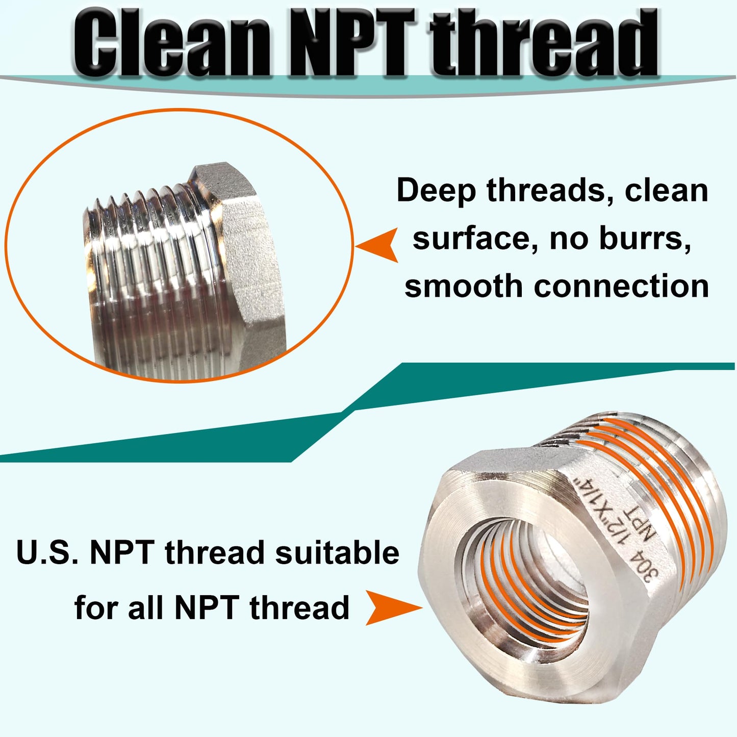 3/4" NPT Male to 1/2" NPT Female Hex Bushing Reducer, 304 Stainless Steel Reducing Adapter Pipe Fitting, Heavy Duty Pipe Hex Bushing for Reducing Pipe (3/4” MNPT x 1/2” FNPT)
