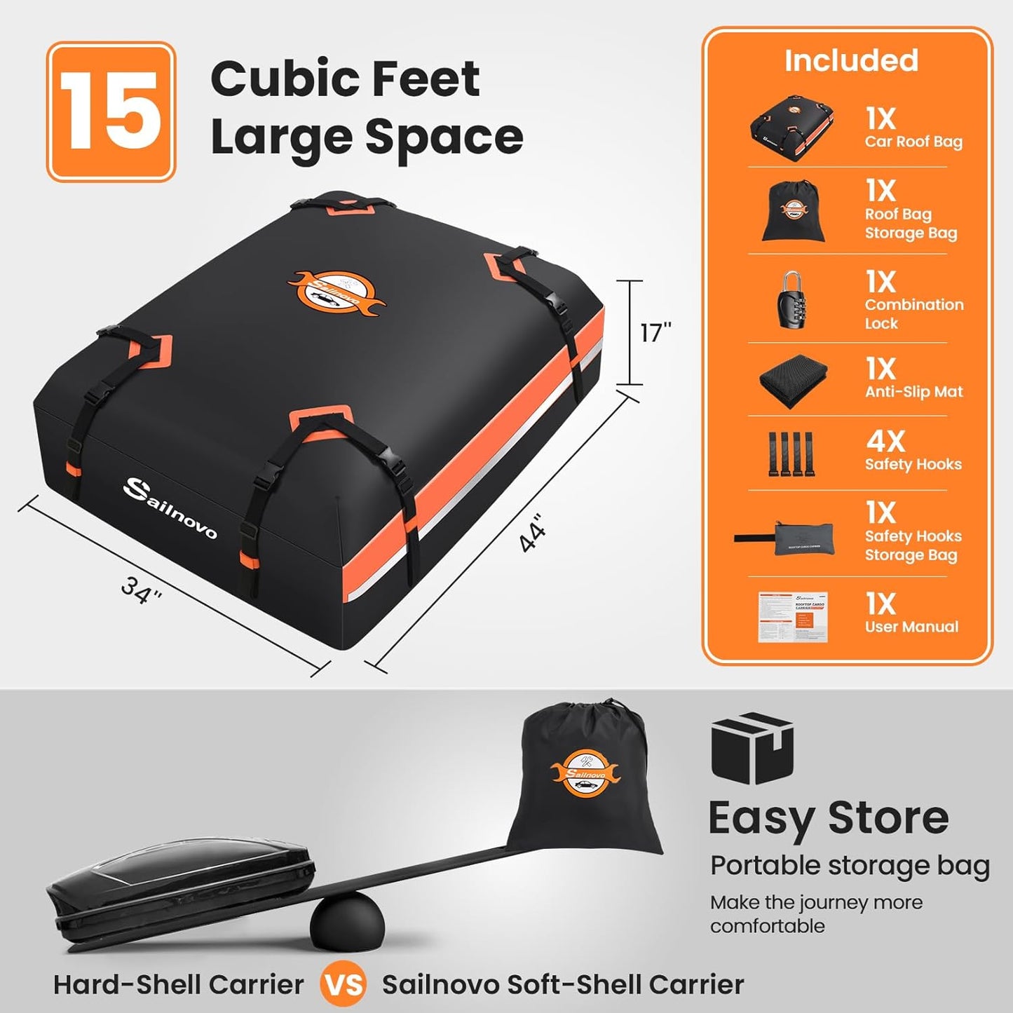 Sailnovo Rooftop Cargo Carrier - 15 Cubic Feet Waterproof 1000D PVC Bag with Anti-Slip Mat & Lock