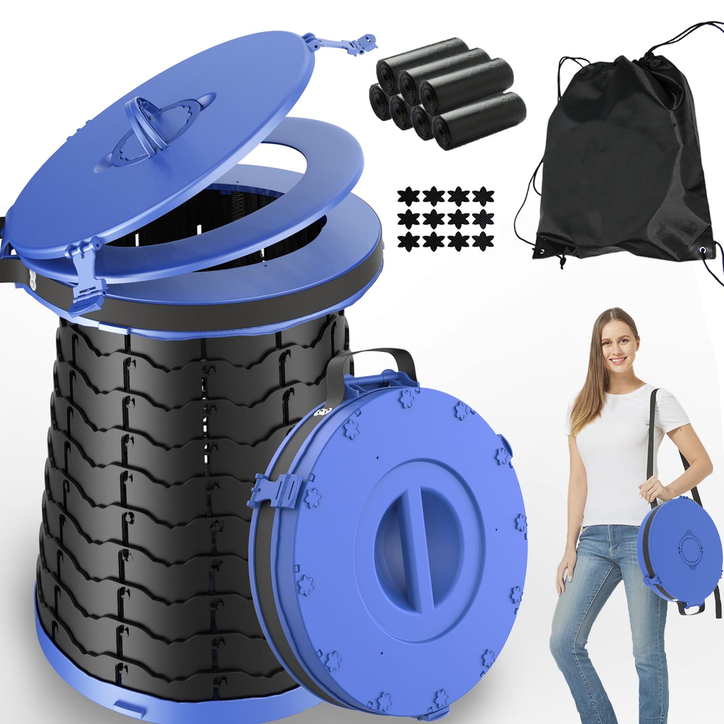 ALEVMOOM XXL Portable Toilet for Camping,880lbs Capacity,19.7" H Adjustable Outdoor Toilet with 7 Garbage Bags,Porta Potty for Adults,Collapsible Luggable Loo for Camping-Blue