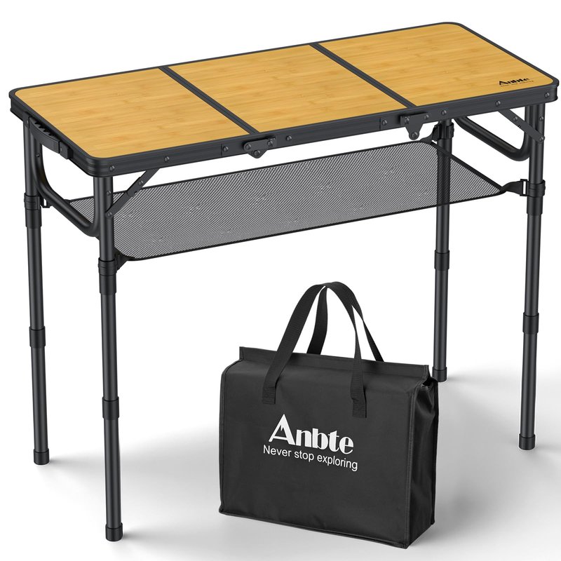 Anbte 3ft Camping Table Foldable with Storage Net and Bag, 3 Adjustable Heights High 27.5" Aluminum Camping Table Portable, for Outdoor Indoor Backyard BBQ Cooking Party Picnic Beach, Light Oak Grain