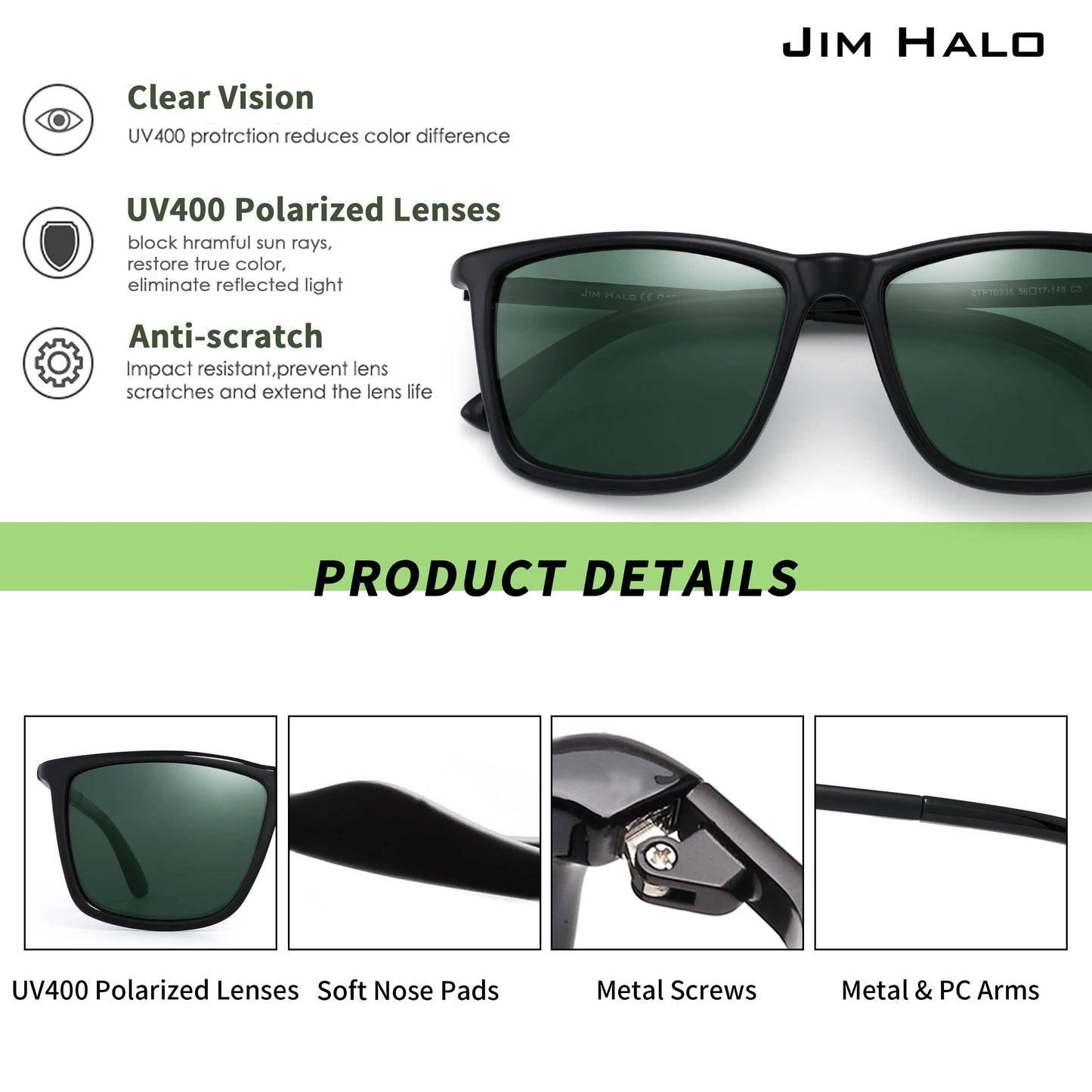 JIM HALO Polarized Driving Sunglasses Retro Square UV protection Classic Sun Glasses Men (Black/Polarized Green)