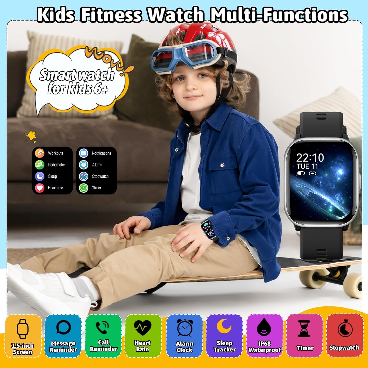 Skiennix SmartWatch for Kids - 20 Sport Modes, Pedometer & Sleep Monitor | Black, Ages 6-16