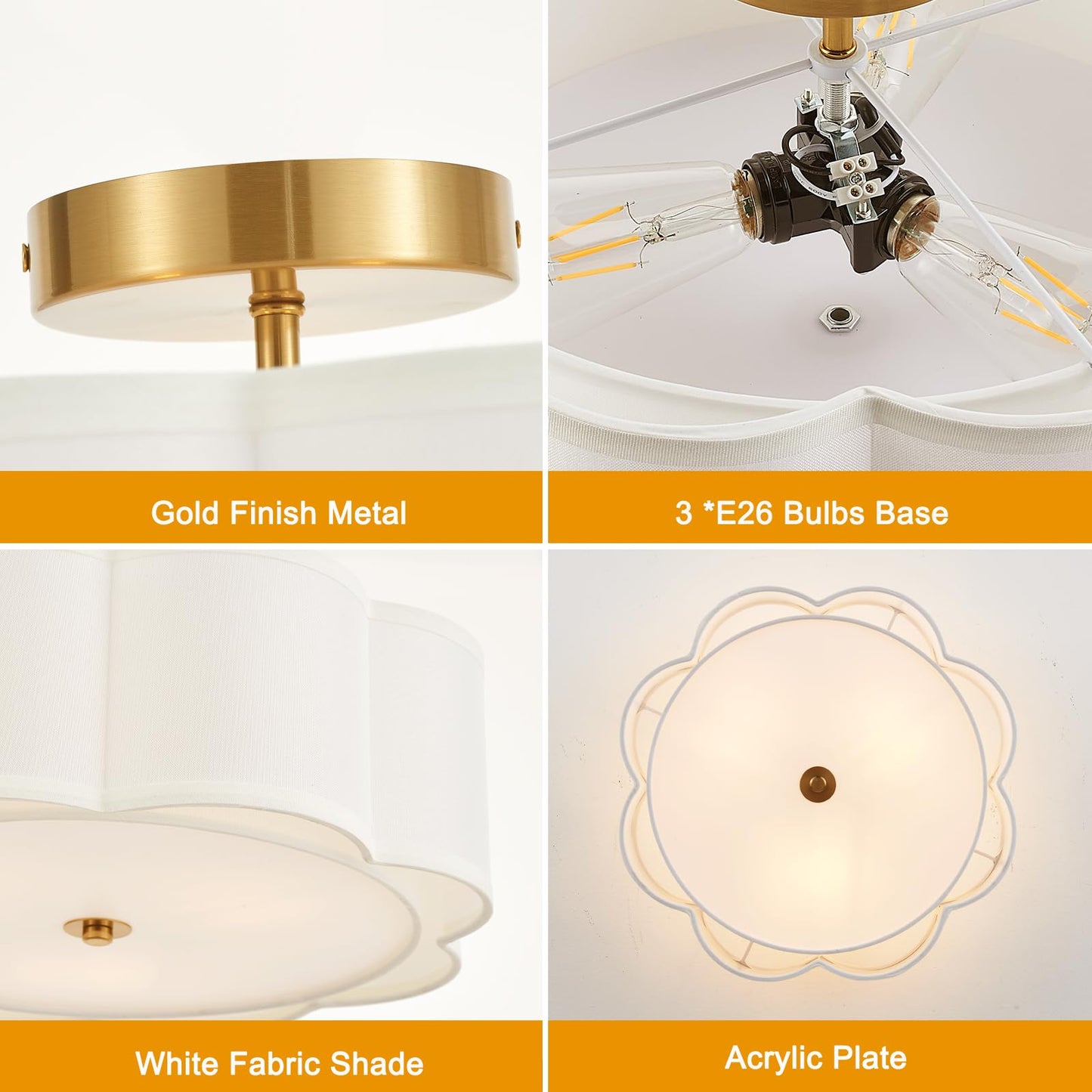 Widluth Modern Semi Flush Mount Ceiling Light 18" Modern Gold Drum Ceiling Lighting Fixture with Linen Shade Vintage Ceiling Lamp for Living Room, Bedroom, Kitchen, Dining Room, Hallway, and Entryway