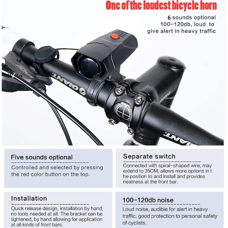 120dB Bike Horn Alarm - 5 Sound Modes, Loud Electric Bicycle Bell for Kids/Adults, Universal Handlebar Mount