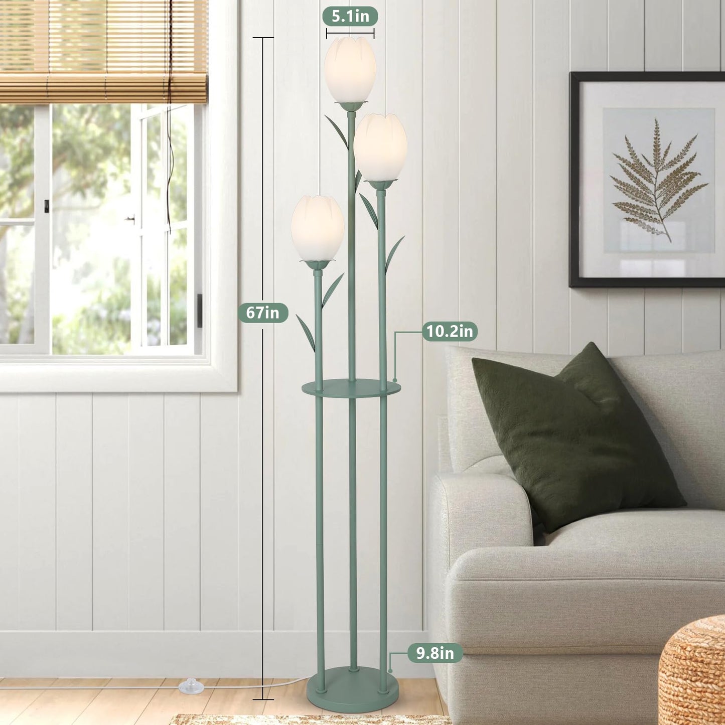 3-Light Flower Floor Lamps for Living Room, Green Floor Lamp with Shelves, Unique Tulip Standing Lamp with 3 LED Blubs, Cute Floral Tall Lamp, Modern Stand Up Light Decor for Bedroom, Kids Room