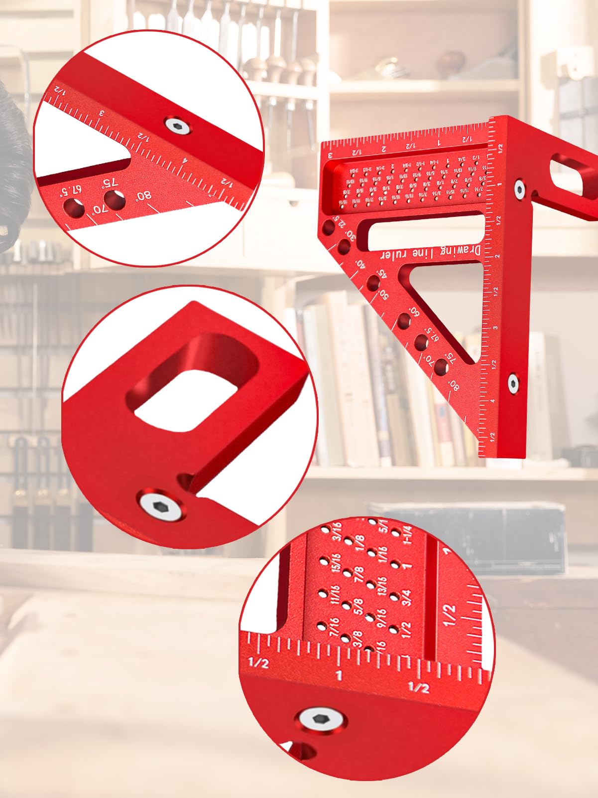 3D Multi-Angle Carpenter Square Aluminum Alloy Multi Hole Scribing Ruler High Precision Woodworking Tools for Engineer Carpenter Crafting (Red)