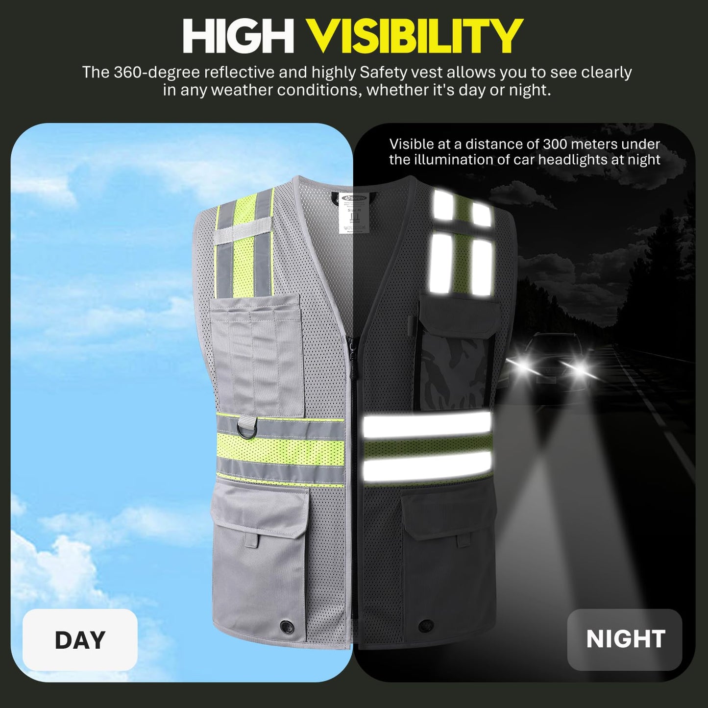 JKSafety Safety Vest for Men Women Hi Vis Relfective Vest with Pockets High Visibility Meet ANSI Standard Grey Color with Extended Yellow Strips (BX330-Grey M)