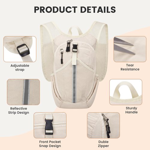TUIKEN Small Hiking Backpack 10L- Lightweight Packable Foldable Backpack for Travel Camping Outdoor Commute, Compact Rucksack for Women Men(Beige)