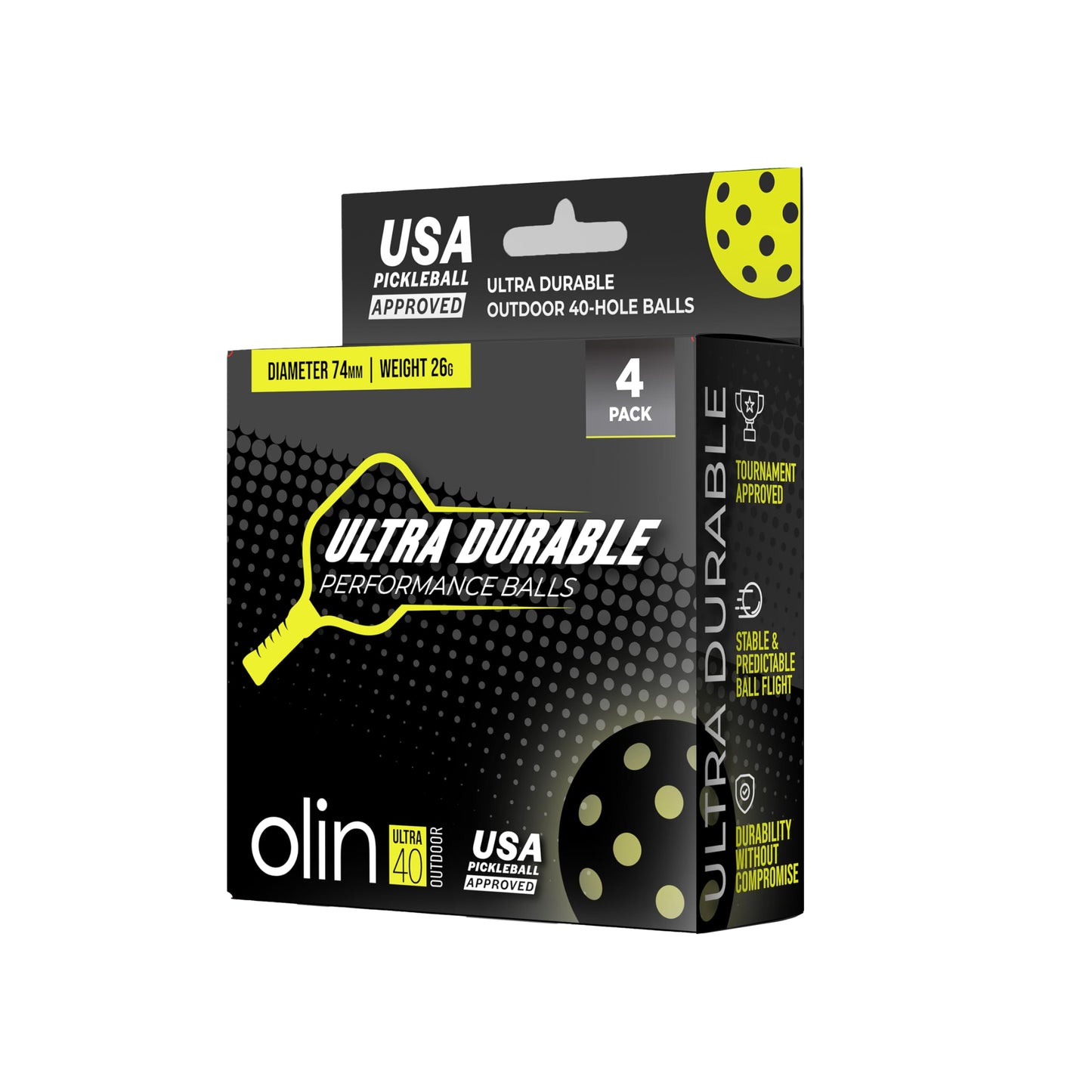 OLIN Ultra40 Ultra Durable Outdoor Pickleball Balls USA Pickleball Approved (USAPA) 4-Pack, Optic Yellow