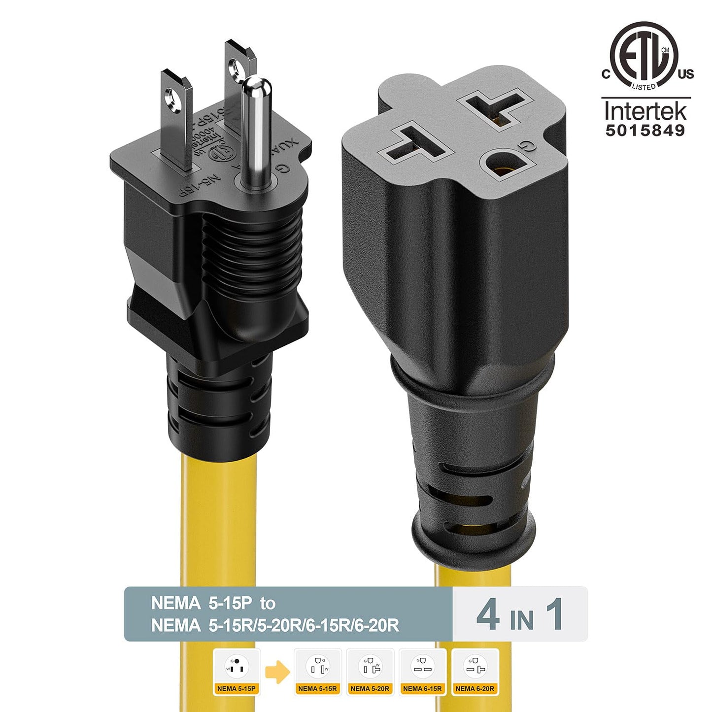1-Foot Nema 5-15P to 4-in-1 Female Adapter Cable, 6-20R 12AWG Heavy Duty EV Charging Power Adapter,15A Household Plug to 6-20R T Blade Adapter Cord Yellow Cord