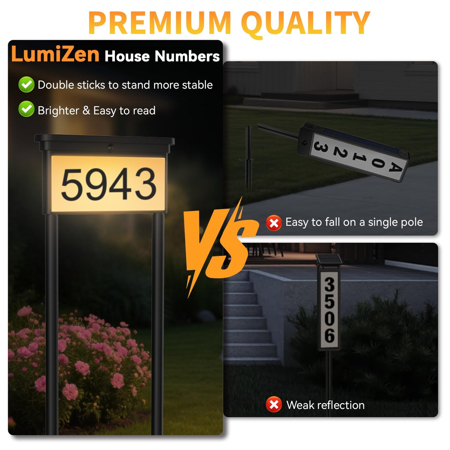 LumiZen Upgraded Solar Address Sign, House Numbers for Outside Double Side, 12-Color Modes Lighting Address Plaque Outdoor Waterproof, Illuminated LED Address Numbers with Stakes for Yard Home Mailbox